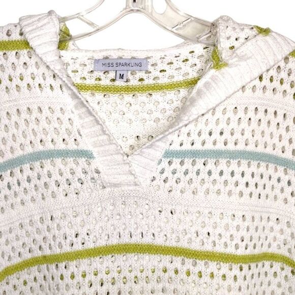 Miss Sparkling White Knit Coverup Blue Green Stripes Hoodie Sleeveless M - Picture 6 of 9